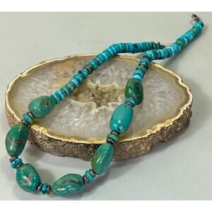 VTG Southwest Carved Heishi Turquoise Bead Necklace Sterling 925 Spacers 80.8g